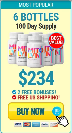MITOLYN supplement advertisement offering six bottles for a 180-day supply at $234, labeled as "Most Popular" and "Best Value," with two free bonuses and free US shipping