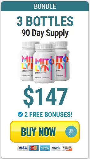 MITOLYN supplement advertisement offering one bottle for a 30-day supply at $69, with two free bonuses