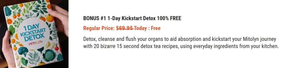 Promotional offer for "1 Day Kickstart Detox" by Mitolyn, featuring a booklet with illustrations of fruits, vegetables, and herbs