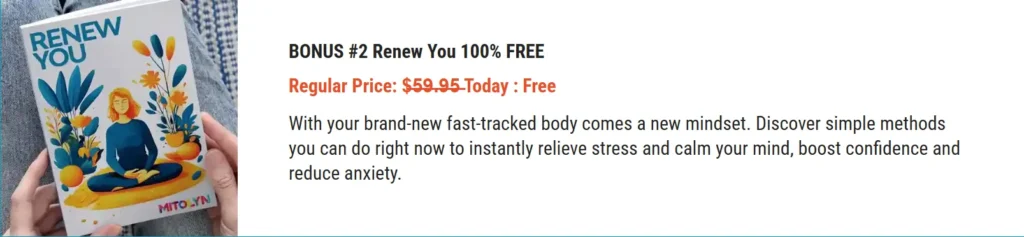 Promotional offer for "Renew You," featuring a book cover with an illustration of a person meditating among flowers and plants, highlighting stress relief and confidence-boosting techniques