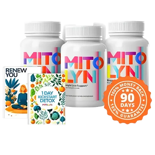 Three bottles of MITOLYN supplement alongside two booklets, "Renew You" and "1 Day Kickstart Detox," with a 90-day money-back guarantee badge