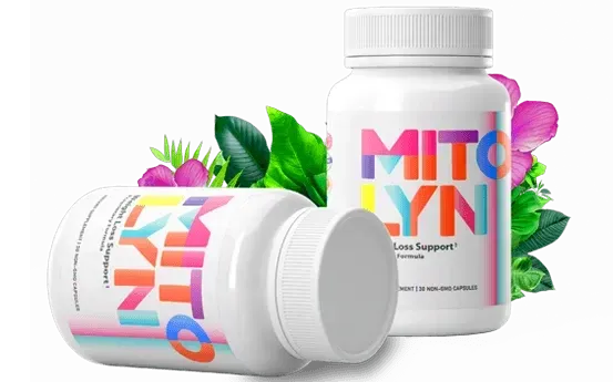 Two bottles of MITOLYN weight loss supplement with vibrant floral elements in the background.